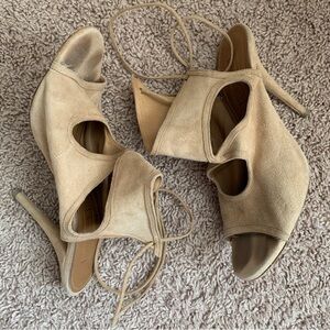 Aquazzura Size 8 Heels Tan Suede Cut Out Lace Up Open Toe Sandals Sexy Thing
